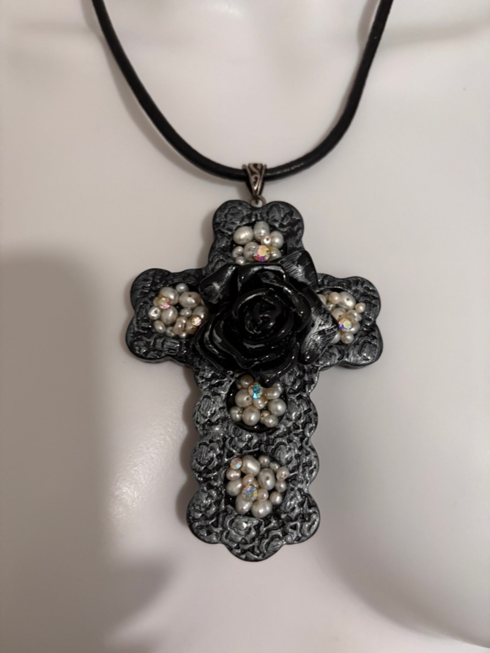 Hand Made Black Acrylic Cross Pendant with Pearled Accents
